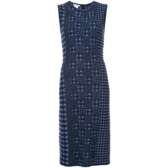 OSCAR DE LA RENTA Pixelated Houndstooth Sheath Dress Sz L BLUE
